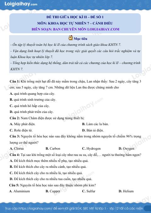 Đề thi giữa kì 2 KHTN 7 Cánh diều - Đề số 1